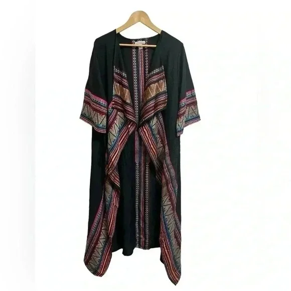 World Market Bohemian Embroidered Long Open Front Kimono Duster Aztec One Size - Picture 2 of 10